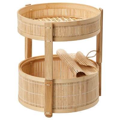 A KANELMOTT 2-tier bamboo fruit basket, natural and breathable, ideal for kitchen countertops.