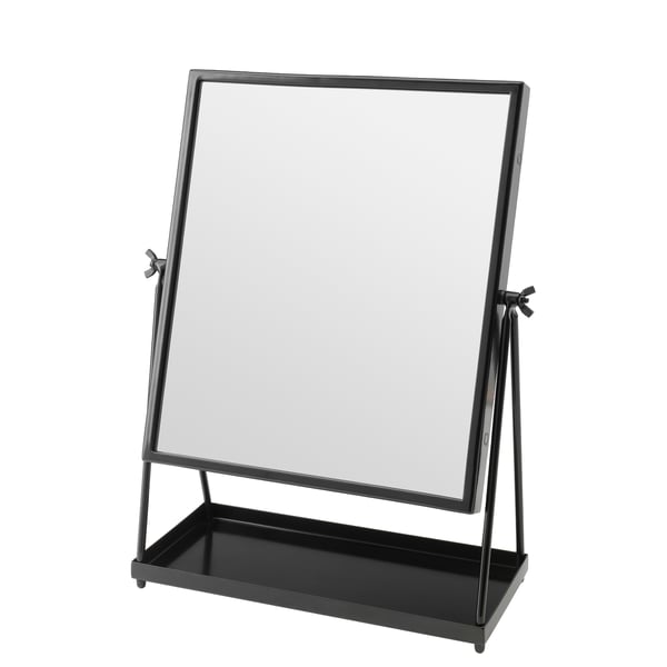 Black modern mirror with removable top crown, tilt function, and bottom tray for storage.