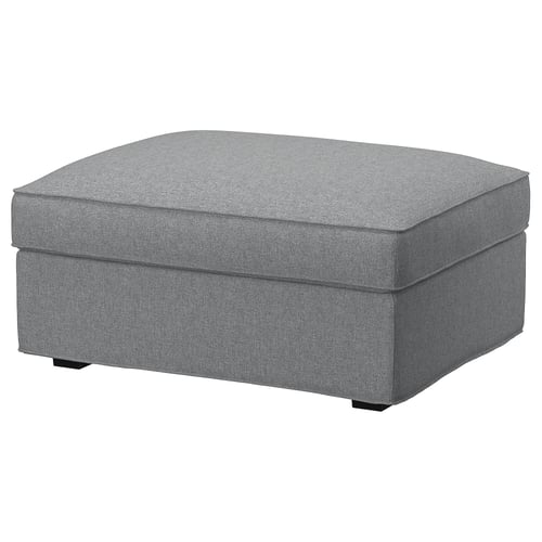 A KIVIK footstool in grey, featuring a rectangular shape with a soft, durable cover with a subtle herringbone pattern.