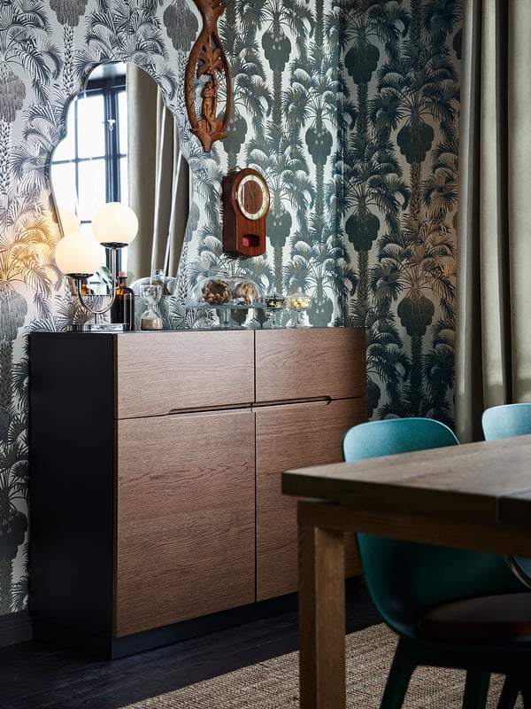 Sideboard, KLACKENÄS, oak, rectangular, modern design, green-blue wallpaper, dining area.
