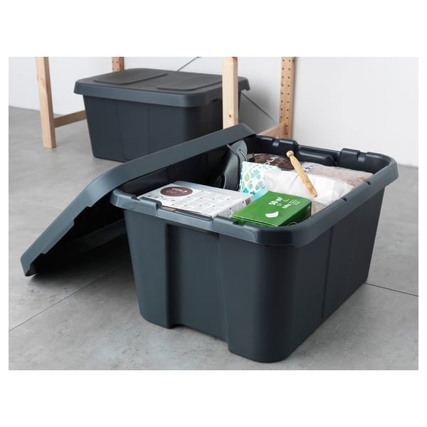 KLÄMTARE Box with lid, in/outdoor, dark grey, 58x45x30 cm