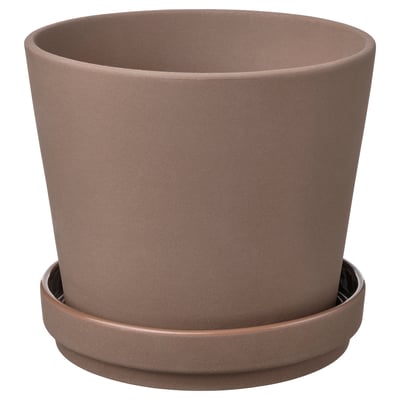 KLARBÄR planter, brown, round, stoneware with drain hole, saucer, matte textured finish.