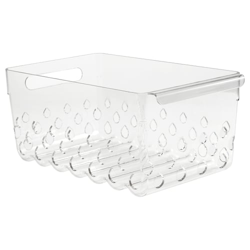KLIPPKAKTUS clear fridge basket, clear plastic, rectangular with ventilation holes and cut-out handles.