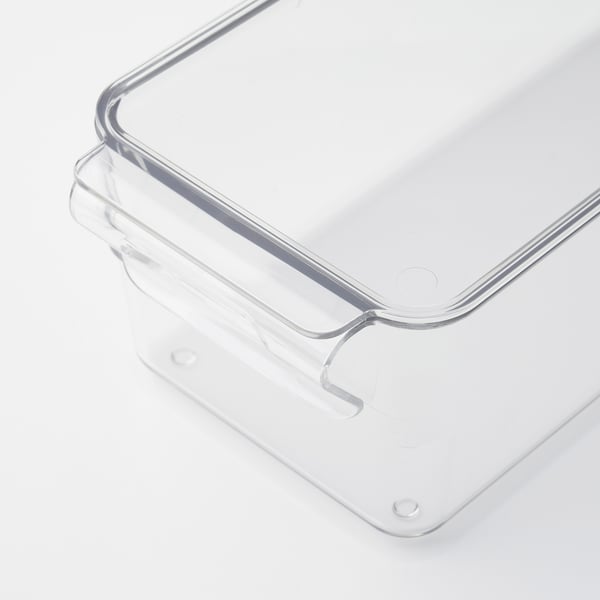 Clear, durable plastic storage box with built-in handle and lid, designed for fridge organisation.