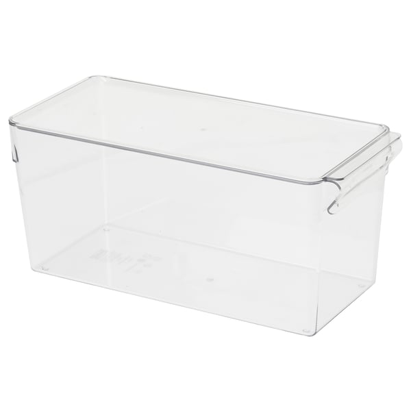 KLIPPKAKTUS clear plastic fridge storage box. Transparent, rectangular, durable, stackable design for organised fridge storage.