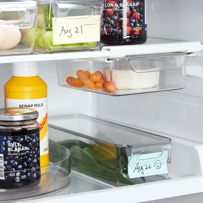KLIPPKAKTUS: clear fridge organiser, white, plastic, rectangular, suction cups.