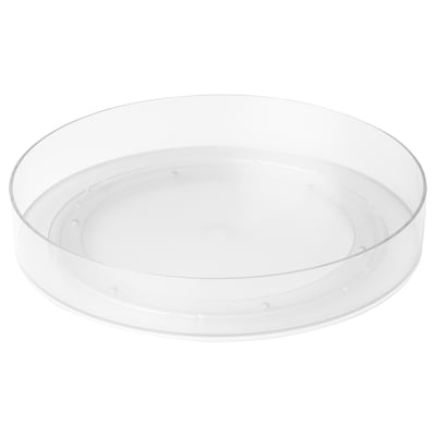 Transparent KLIPPKAKTUS turntable for fridge/kitchen/bathroom organisation with edges to keep items in place.