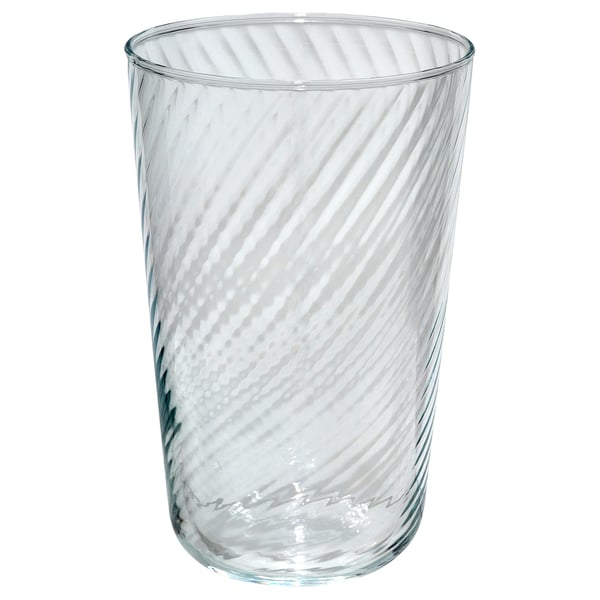 KLIPPLAX glass: clear, tall, thin, with rippled texture. Ideal for beverages.