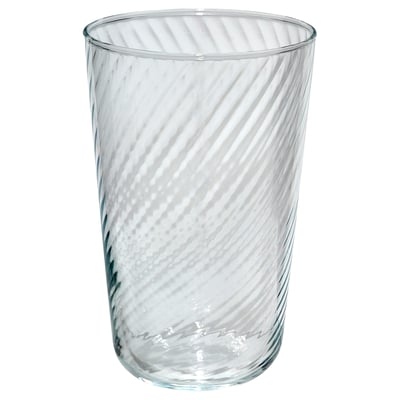 KLIPPLAX glass: clear, tall, thin, with rippled texture. Ideal for beverages.