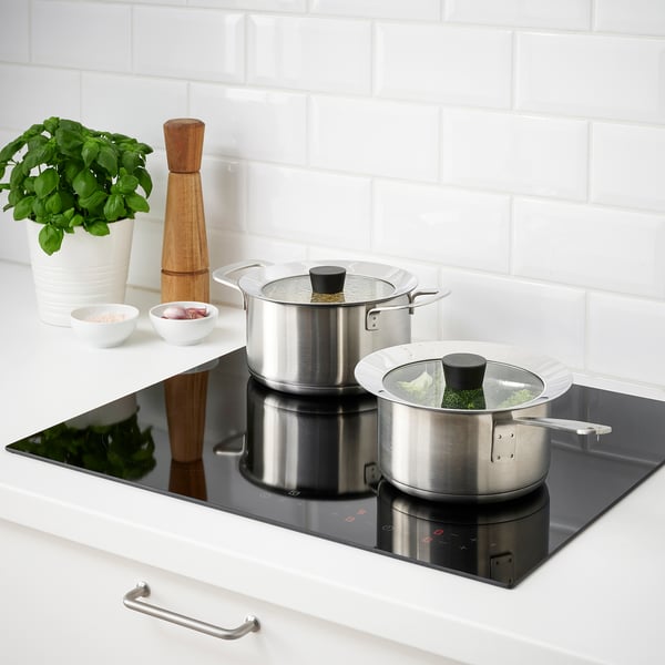 Two stainless pots with glass lids on a black stovetop, one covered with fresh herbs. A plant and small bowls with seasonings nearby.