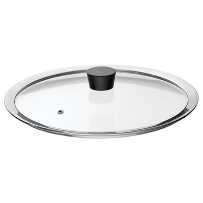 Black-knobbed 28cm pan with clear lid.