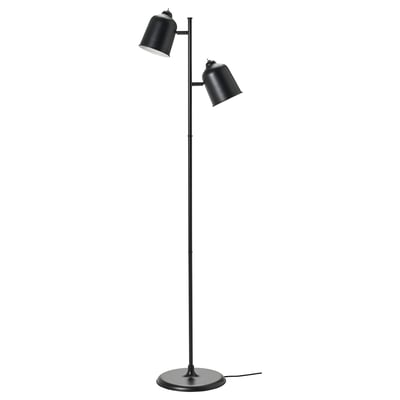 Black dual-headed floor lamp, modern design with adjustable shades for task lighting.
