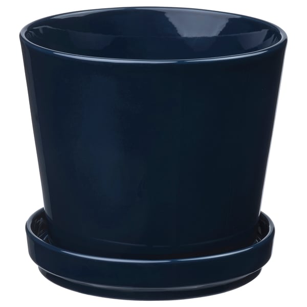 Blue cylindrical stoneware planter with saucer, indoor/outdoor.