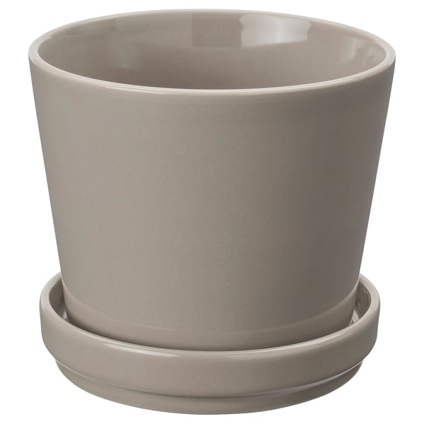 KLOTLÖNN grey ceramic planter with saucer, round and simple design, suitable for indoor/outdoor use.