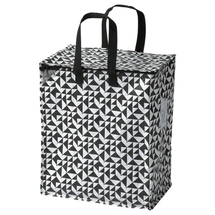 KNALLA black bag with white patterns, sturdy handles, zip-top closure.