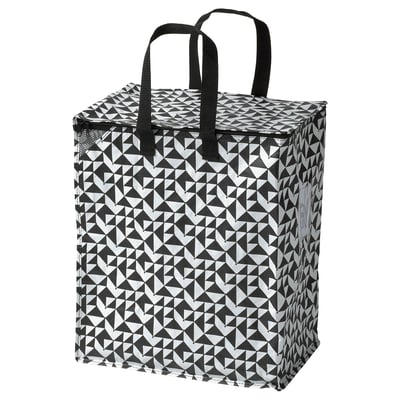 KNALLA black bag with white patterns, sturdy handles, zip-top closure.
