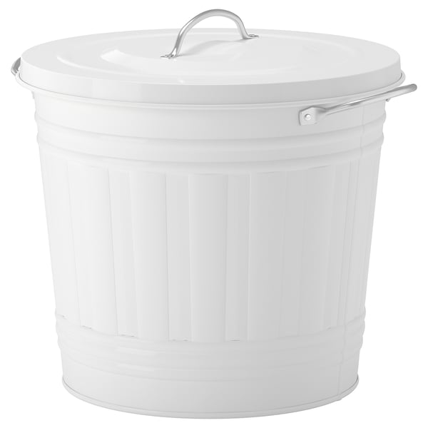 A white, round KNODD bin with a lid and handles, made of steel and plastic, suitable for storage or waste.