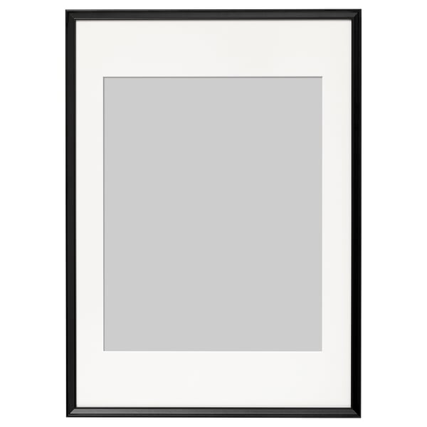 Black rectangular frame, thin border, grey insert, for wall display, safe plastic front.