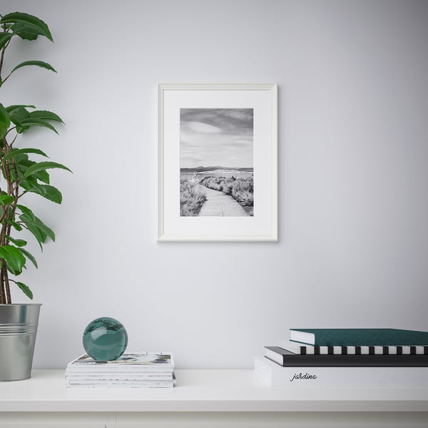 Framed black-and-white coastal photo with thin edge on wall. Decorated shelf with books, blue sphere, and plant.