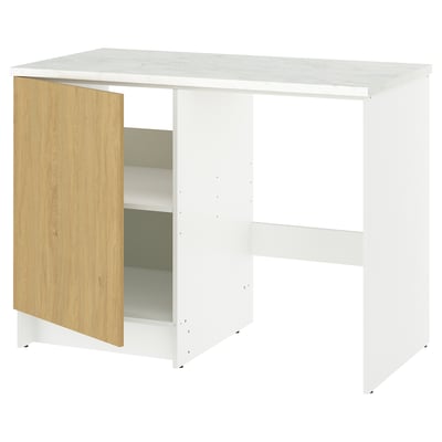 KNOXHULT white kitchen unit with oak door, marble top, and open shelves.