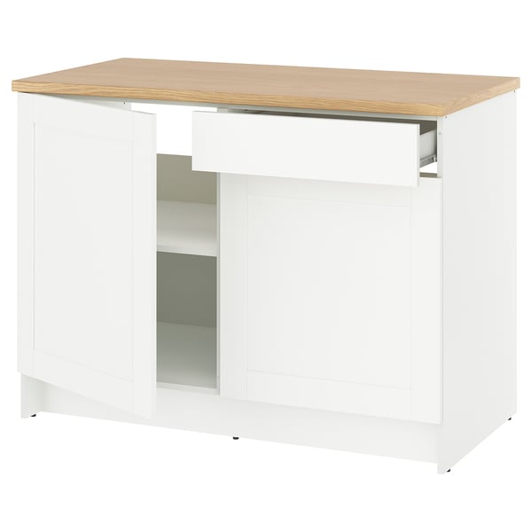 KNOXHULT white kitchen unit with wooden top, drawers, adjustable shelves, and modern design.