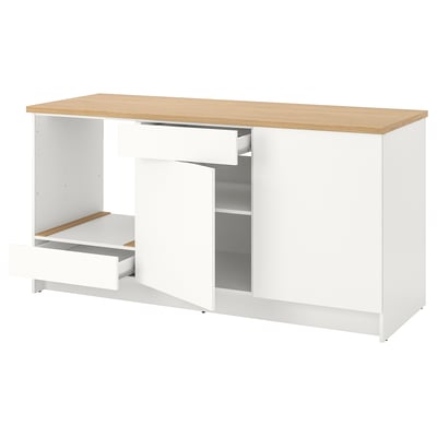 KNOXHULT modular kitchen unit: white, oak top, open shelf, closed cabinet, drawer.