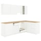 Modern white l-shaped kitchen set with oak countertop, ample storage, and clean design.