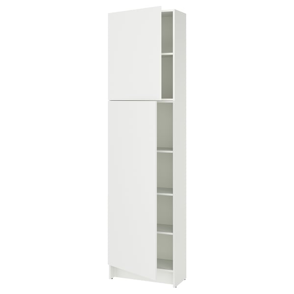 A white KNOXHULT high kitchen cabinet with adjustable shelves and a sleek, modern design.