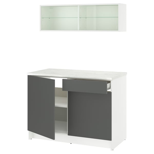 Modern white kitchen unit with gray doors and marble countertop. Includes wall cabinet with sliding glass doors.