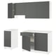Modern grey and white kitchen cabinets with countertop. Wall and base units; doors and drawers.