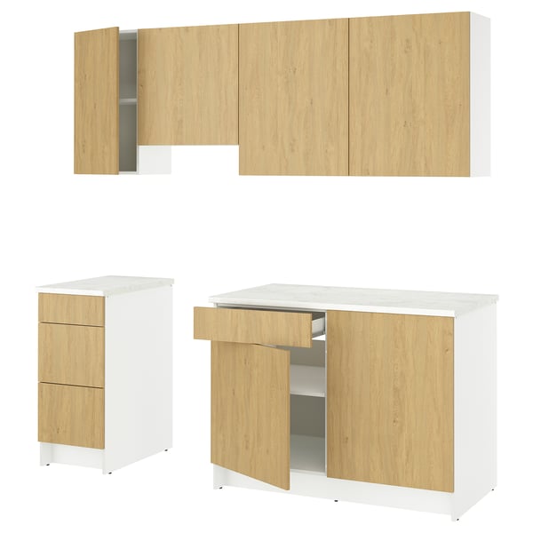 Set of KNOXHULT kitchen cabinets in oak and white, including wall and base units with drawers and doors. Modern design with marble effect countertop.