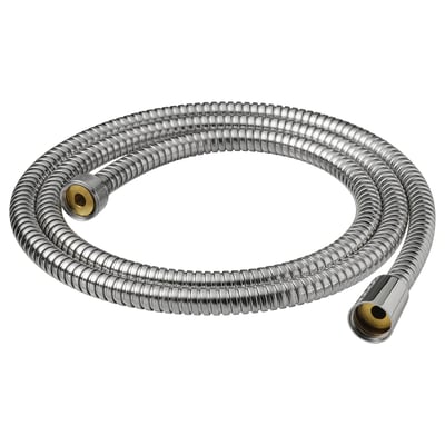 A chrome-colored KOLSJÖN shower hose, featuring stainless steel and brass fittings, coiled for storage.
