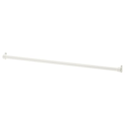 A white IKEA KOMPLEMENT clothes rail. Its sleek, long, and made of steel with an epoxy/polyester powder coating. Perfect for hanging clothes.