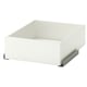 A white KOMPLEMENT drawer for storing clothes or accessories. Its simple and minimalist, with a rectangular shape and metallic runners.