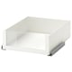 A white KOMPLEMENT drawer with a glass front, featuring a sleek modern design for easy storage access, supported by metallic runners.