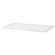 A white KOMPLEMENT glass shelf. Its rectangular, made of fibreboard and tempered glass, with a clean, modern design.