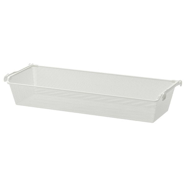 A white KOMPLEMENT mesh storage basket, rectangular in shape with handles for easy access.