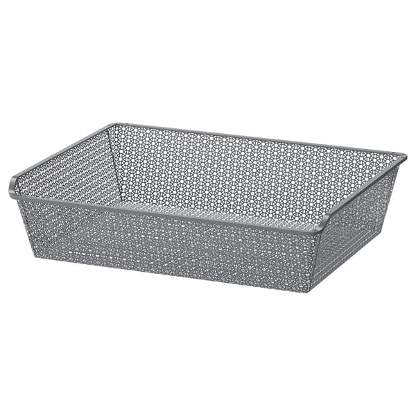 Grey mesh basket, organises clothes, 10-year guarantee.