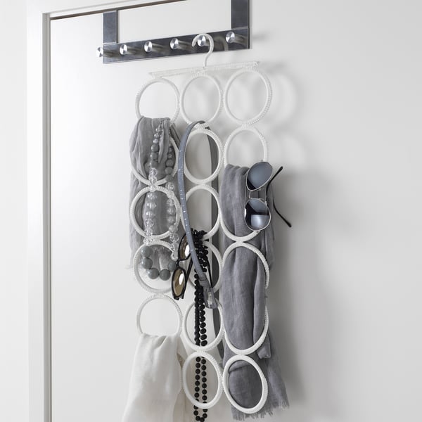 Unique hanger displays shawls, belts, and ties in circles, saving closet space.