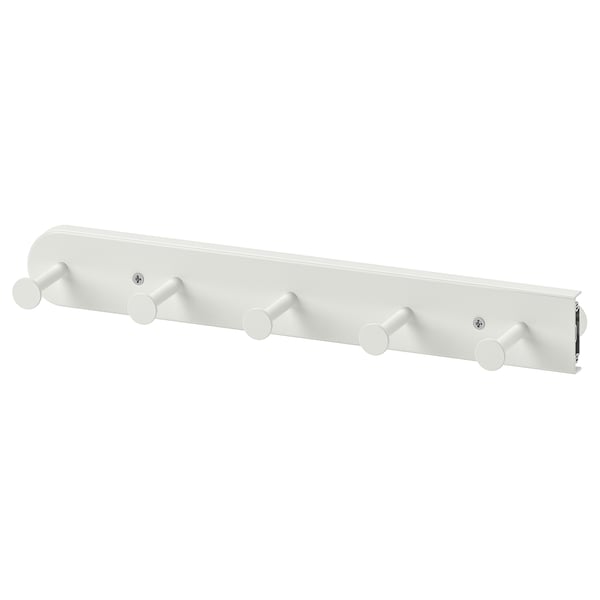 Ikea KOMPLEMENT white wall hanger with 6 circular hooks for organizing accessories.