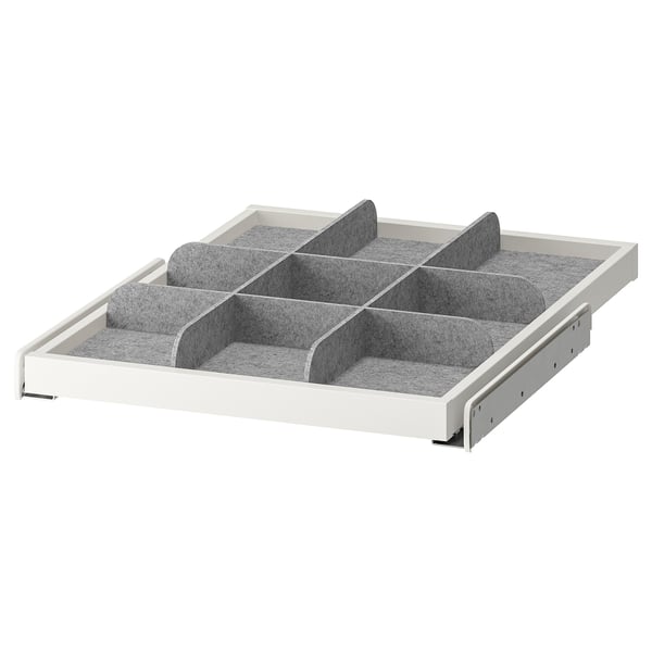 KOMPLEMENT white pull-out organiser, grey felt dividers, 3 sections for storage.