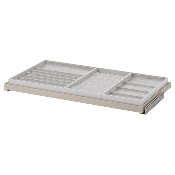 KOMPLEMENT pull-out storage tray in beige with compartments for jewelry and watches, felt lining.