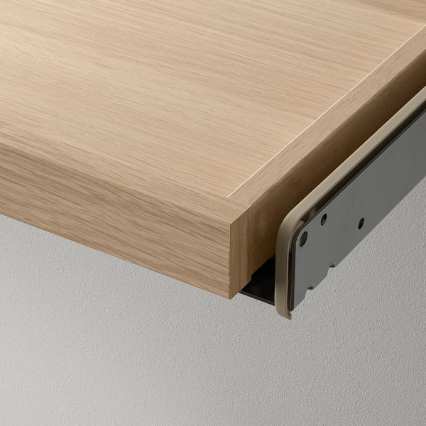 Close-up of a modern, sleek wooden shelf with metal brackets, showing high-quality finish and sturdy construction.