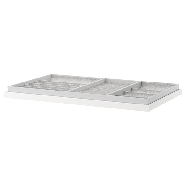 KOMPLEMENT white tray with compartments for jewellery accessories, made of fiberboard and felt, rectangular design.