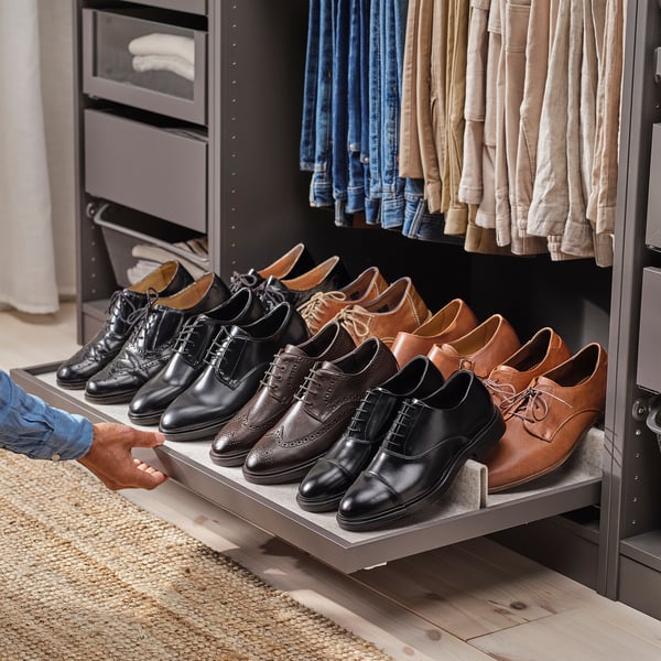 A wardrobe with KOMPLEMENT shoe tray holding various mens dress shoes in black and tan colours, made of leather, neatly arranged in a row.