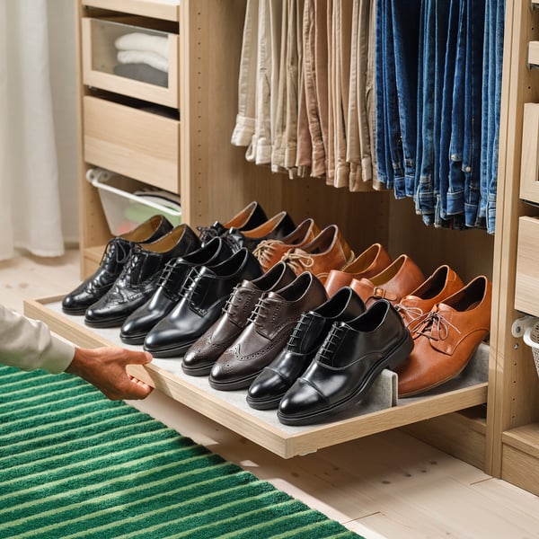 Organised closet with pull-out shoe tray, holding black and brown dress shoes. Light wooden frame and green striped rug.