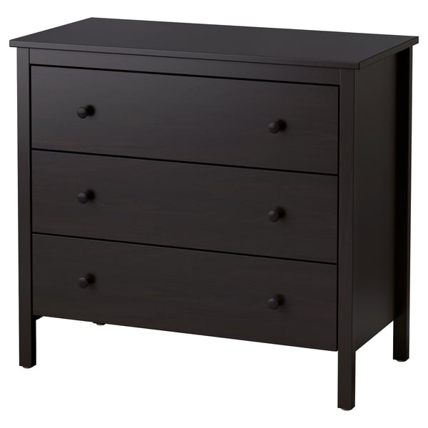 A black KOPPANG chest of drawers with three drawers. It has a simple, functional design.