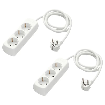 Two white KOPPLA power strips, each with three earthed sockets, linked by long white cables and plugs.