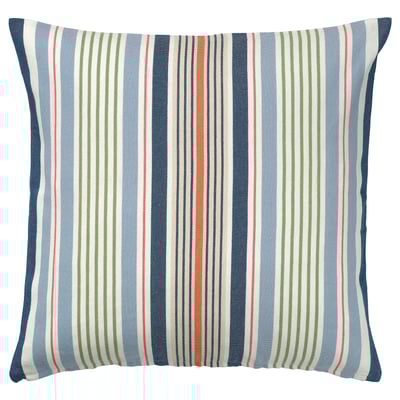 KORALLBUSKE cushion: light blue, multi-striped, square, zip closure, 50% recycled cotton, jute, viscose.