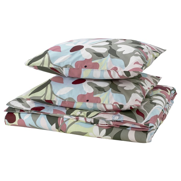 KORSKOVALL duvet set, multi-color floral print, soft cotton-viscose blend, rectangular pillows & folded bedspread.